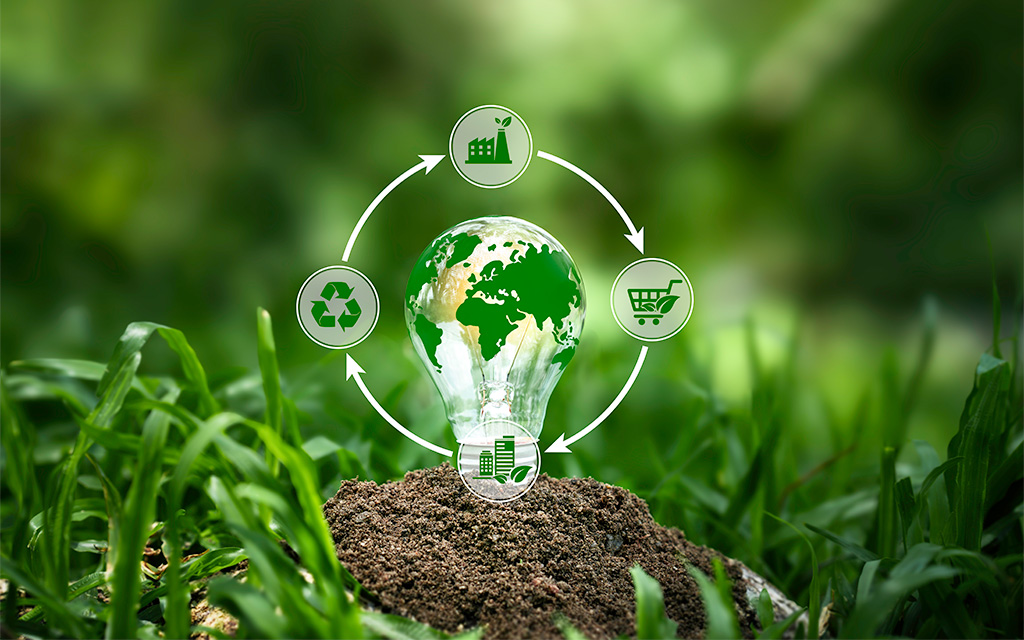An illustration of a light bulb merged with a green world map, representing the circular economy concept with recycling, reuse, and sustainability icons